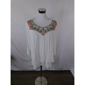 New Directions Shirt Womens Large White Embroidered Boho Peasant 3/4 Sleeve